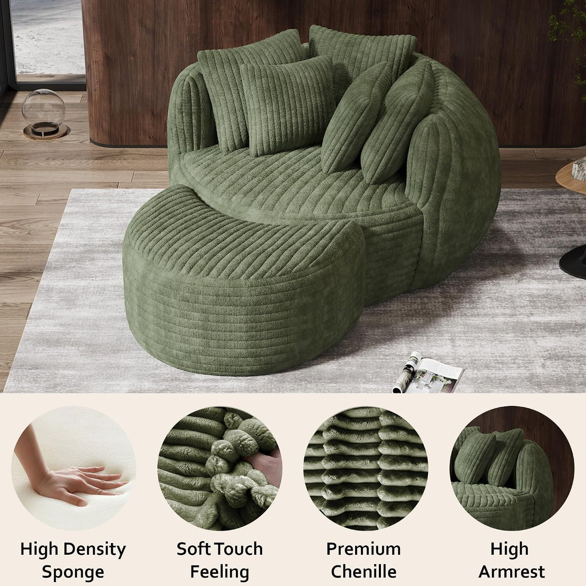 DAMAIFROM 50.5" W x 67" D Oversized Chaise Lounge Chair with Ottoman,Green | 38D Sponge,Round Reading Chair Luxury Plush Cloud Circle Sleeper for Living Room Bedroom, 5 Pillows,Corduroy