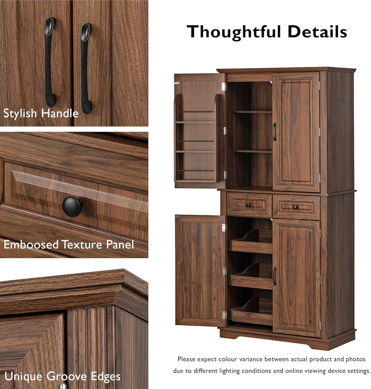 71" Tall Kitchen Pantry Cabinet, Freestanding Storage Cupboard with 3 Pull-Out Organizers, 6 Door Shelves & 2 Drawers, Embossed Texture Finish, for Kitchen Dining Room (Brown 4 doors 2 drawers +MDF)