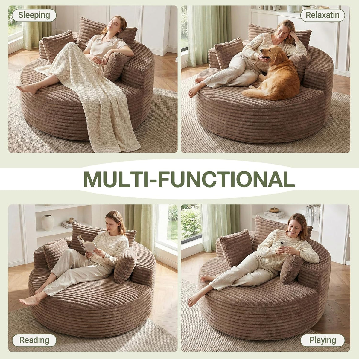 55''Oversized Round Chair Lounge Chaise Indoor, Modern Upholstered Corduroy Cloud Circle Chair with Deep Seat, Comfy Fluffy Sleeper Sofa for Living Room Bedroom No Assembly Required (Brown)