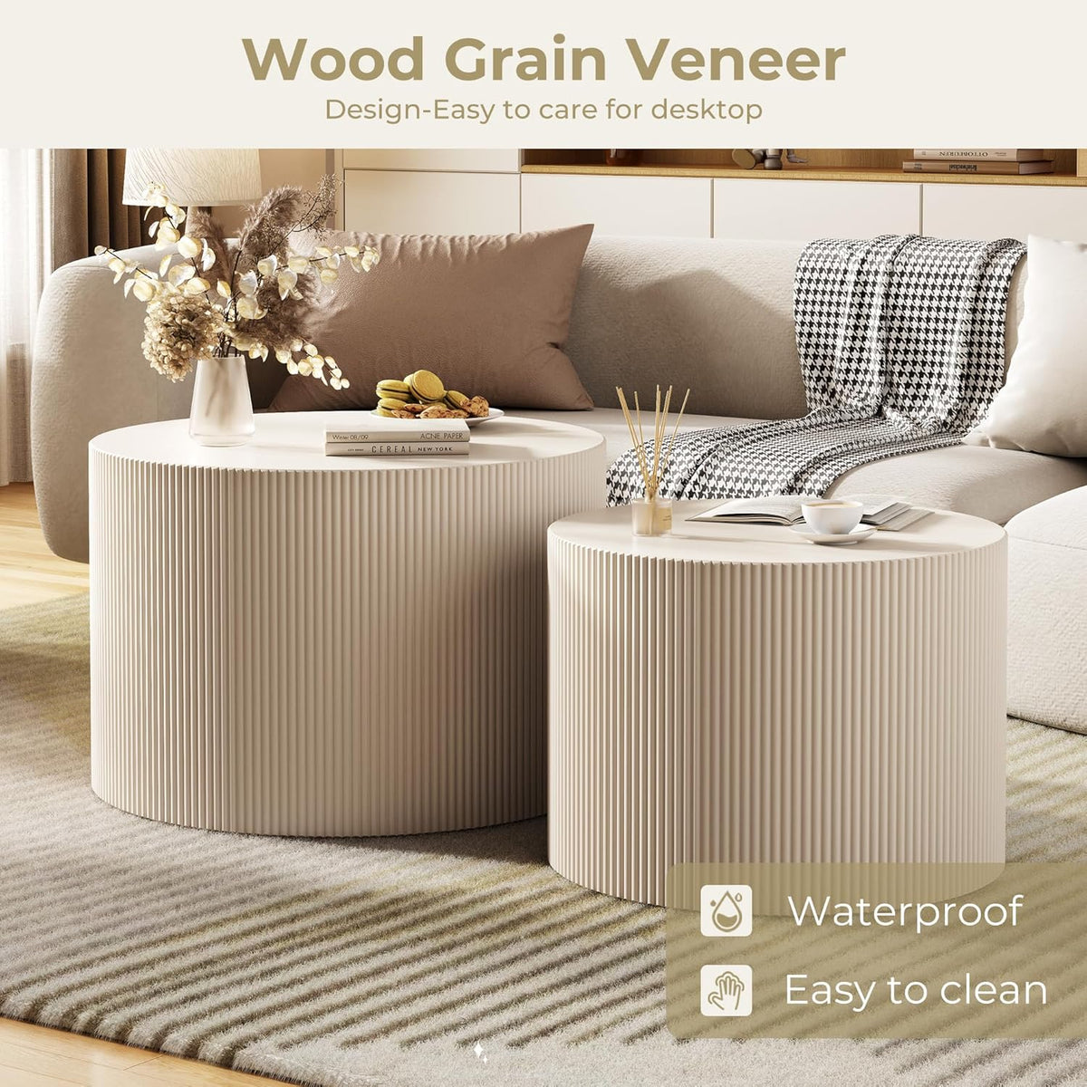 Round Coffee Table Set of 2, Modern Wooden Beige Nesting Coffee Tables for Living Room, No Assembly Required Circle Side Tables Set Accent End Table for Bedroom, Balcony