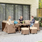 6-Piece PE Rattan Patio Set: 3 Sofas, 2 Ottomans, Coffee Table, Khaki Cushions & Blue Pillows, Steel FFor rame, All-Weather
