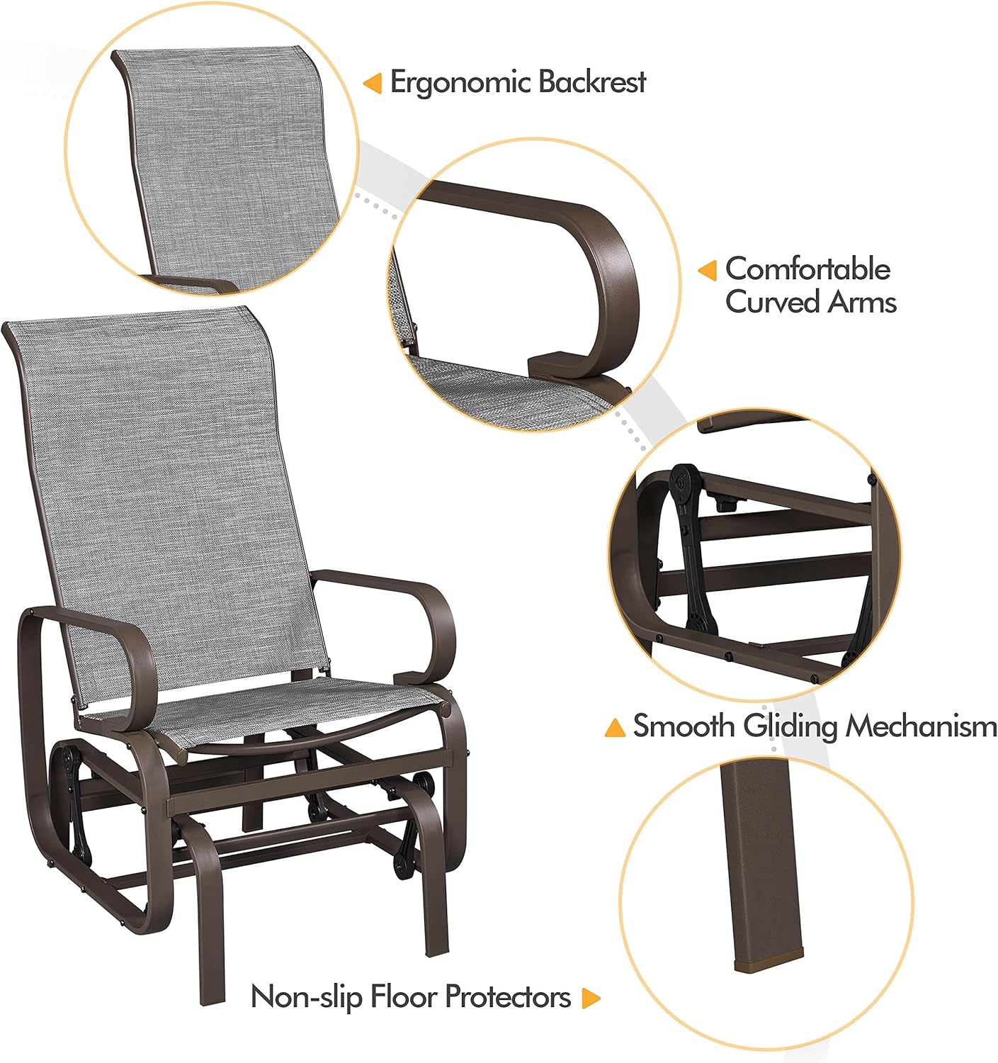 Yaheetech Outdoor Rocking Chair Patio Glider with Sling Seat Set of 1,Gray | Porch Chair and Outdoor Rocker with Steel Construction for Balcony, Deck, Backyard and Garden; Smooth-Gliding Lounge Seating