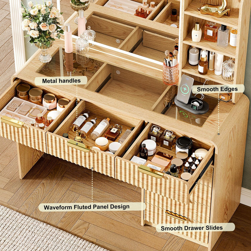 47“Makeup Vanity Desk with Mirror and Lights, Vanity Desk with 7 Drawers & Storage Shelves, Vanity Table with Power Outlet, 3 Color Modes & Adjustable Brightness Dressing Table, Bedroom,Wood