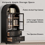 71" Tall Arched Kitchen Pantry Cabinet with Glass Doors, Modern Wood China Cabinet Storage Hutch with 2 Storage Compartment and Adjustable Shelves, Suitable for Dining Room, Coffee Bar