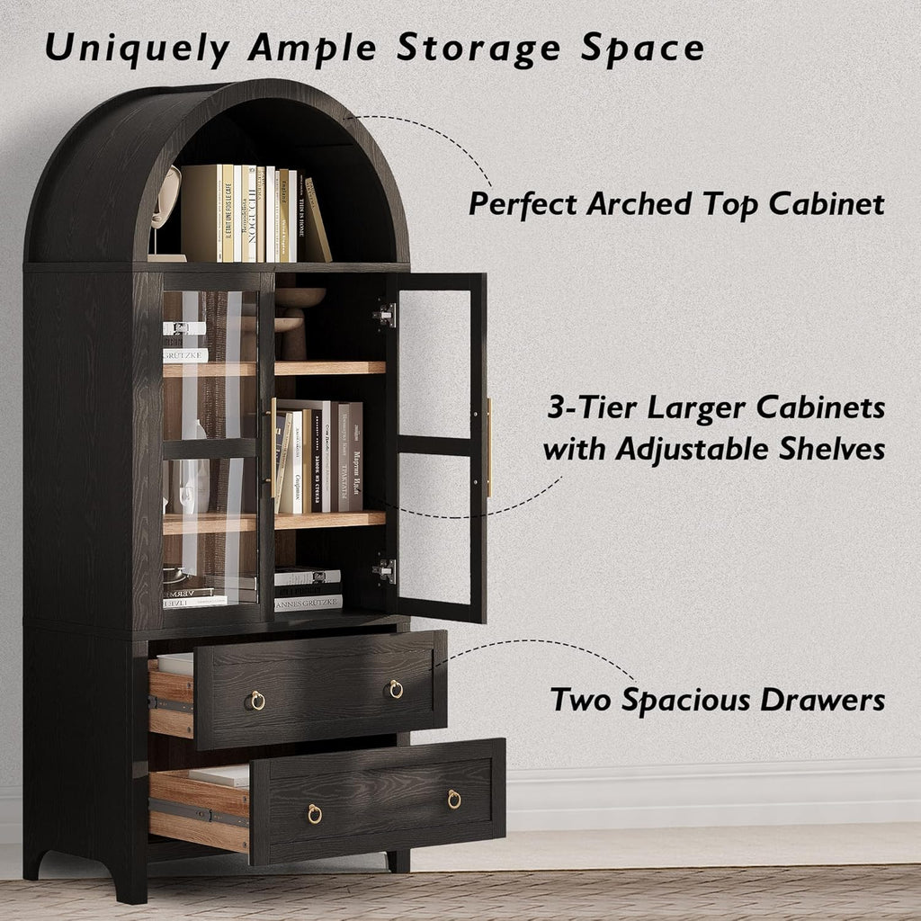 71" Tall Arched Kitchen Pantry Cabinet with 2 Drawers & Glass Doors, Modern Farmhouse Freestanding Storage Cabinet with Adjustable Shelves for Kitchen, Dining Room, Home Organizer(Black)