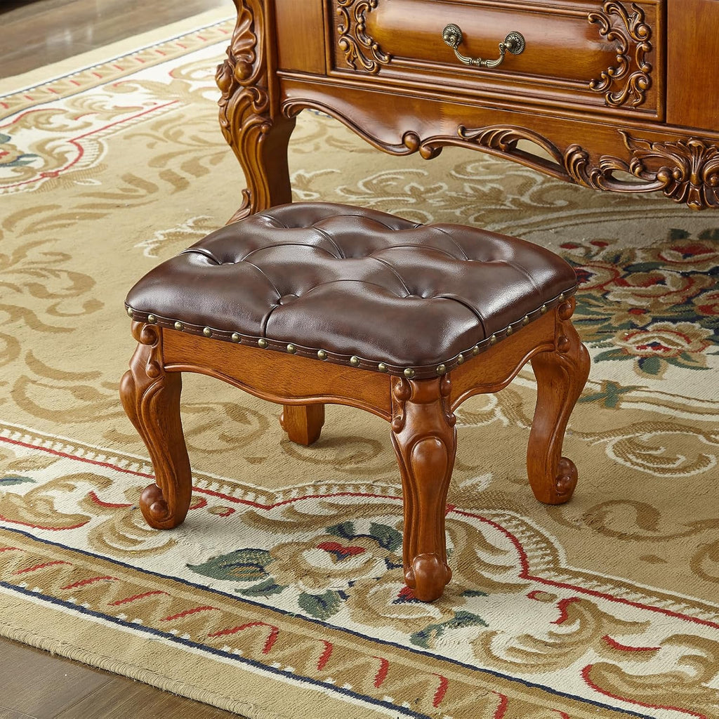 Foot Stool Ottoman Foot Rest Microfiber Leather Upholstered Footstool for Sofa, Living Room, Entryway, Solid Wood Stool (Retro Brown)