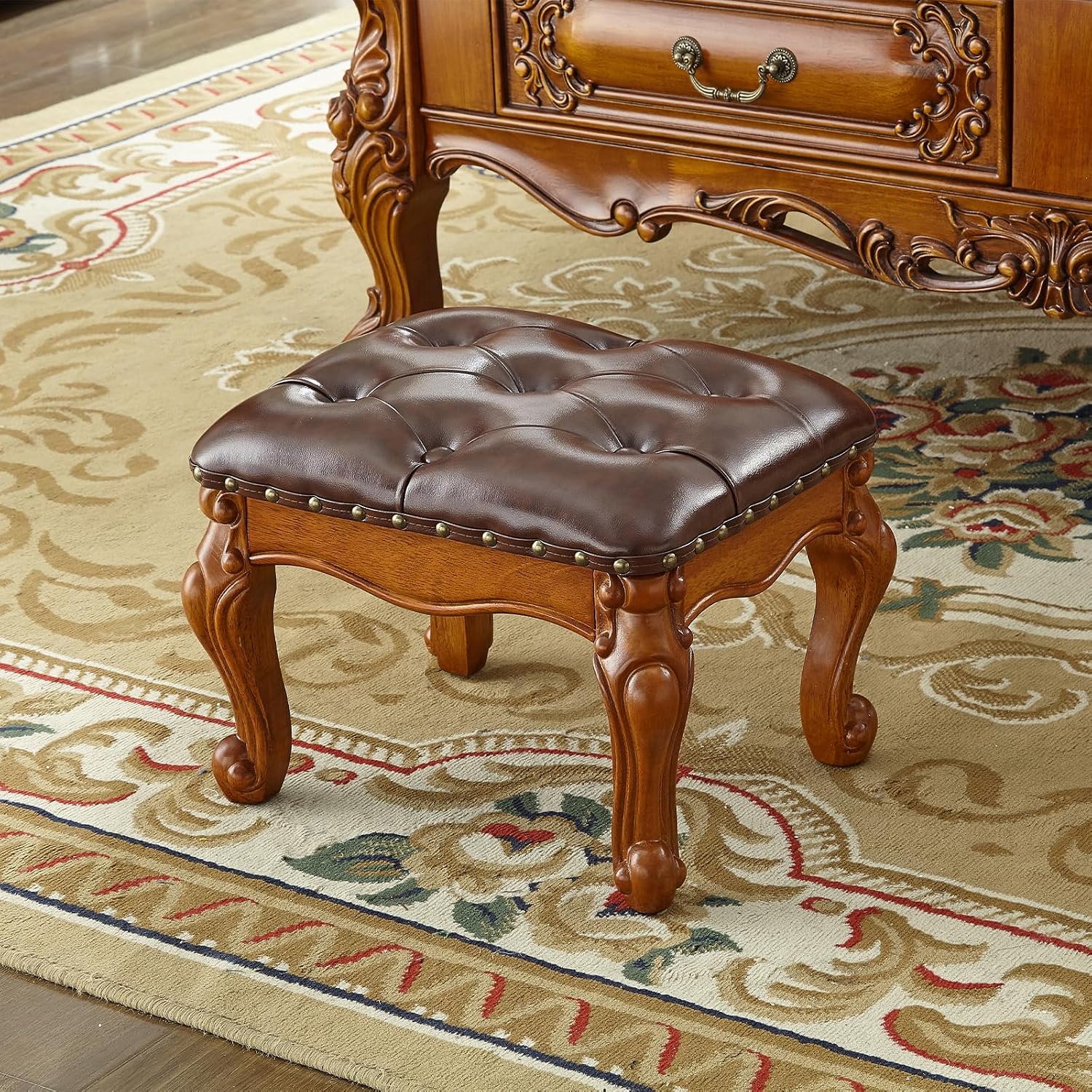 Foot Stool Ottoman Foot Rest Microfiber Leather Upholstered Footstool for Sofa, Living Room, Entryway, Solid Wood Stool (Retro Brown)