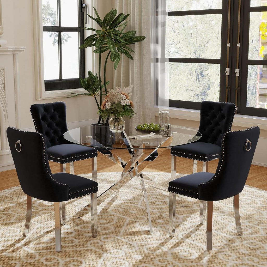 Clear Round Glass Top Dining Set for 4, 36'' Modern Luxury Circle Dinner Room Set, 5 PCS Mid Century Circular Kitchen Table Set, Black High-end Tufted Chairs, for Small Apartment (Silver)