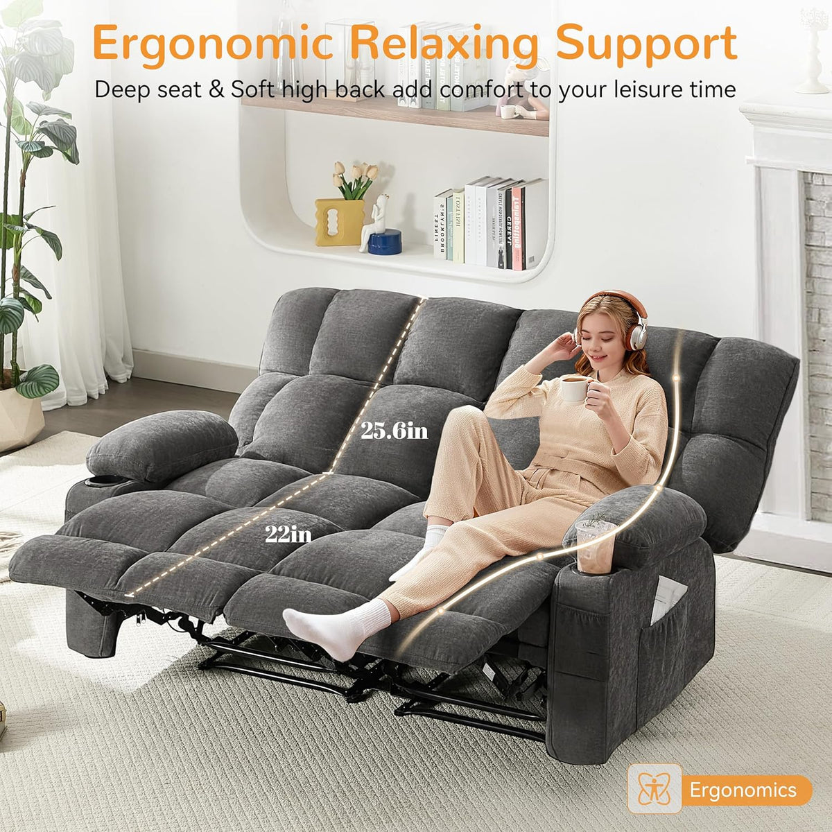 Oversized Loveseat Recliner Sofa, Double Recliner, Big Large Reclining Sofa with Cup Holders & Side Pockets, Traditional 2-Seater Manual Recliner Couch for Living Room, RV, Home Theater (Fabric,Grey)