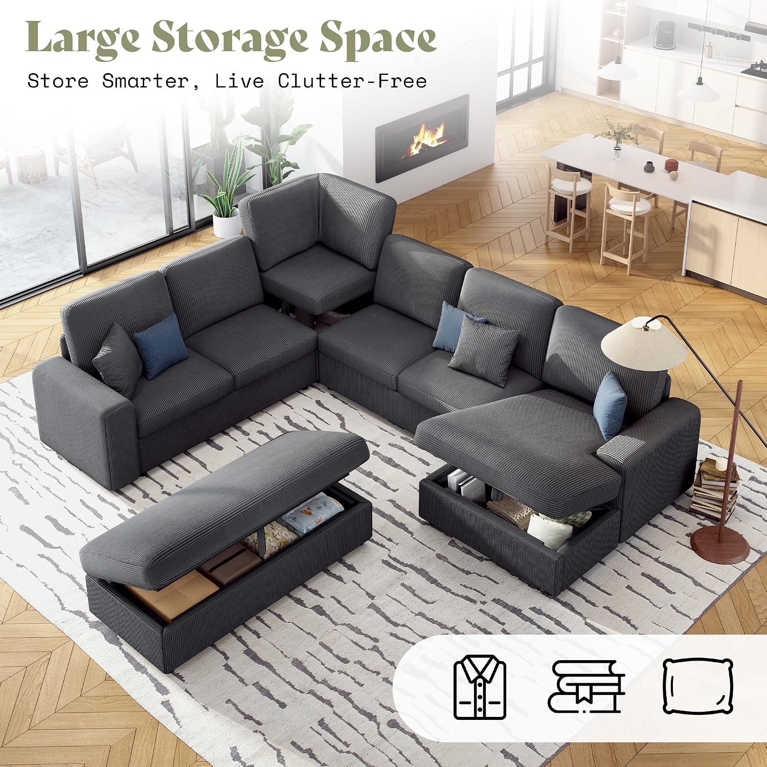 130" Sectional Couches for Living Room, Modular Sectional Sofa, Grey | Sofa Converts to Sleeper, Throw Pillows