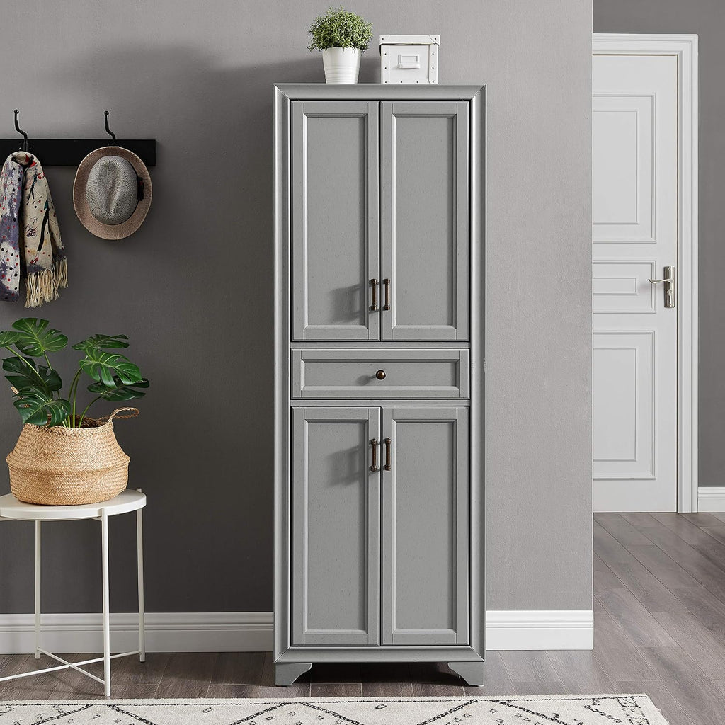 Crosley Furniture Tara Pantry Storage Cabinet with Shelves, Kitchen, Dining, or Laundry Room, Distressed Gray