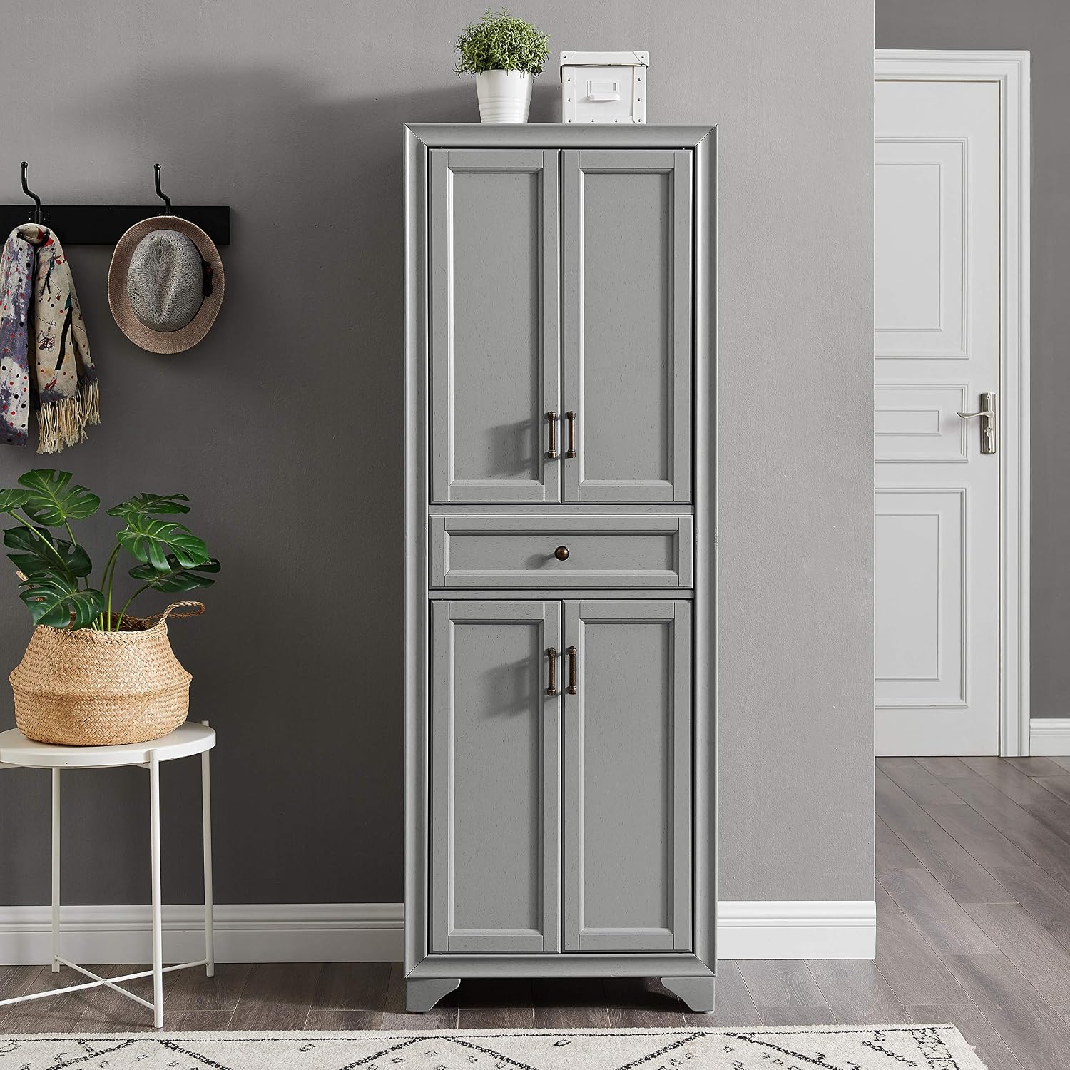 Crosley Furniture Tara Pantry Storage Cabinet with Shelves, Kitchen, Dining, or Laundry Room, Distressed Gray