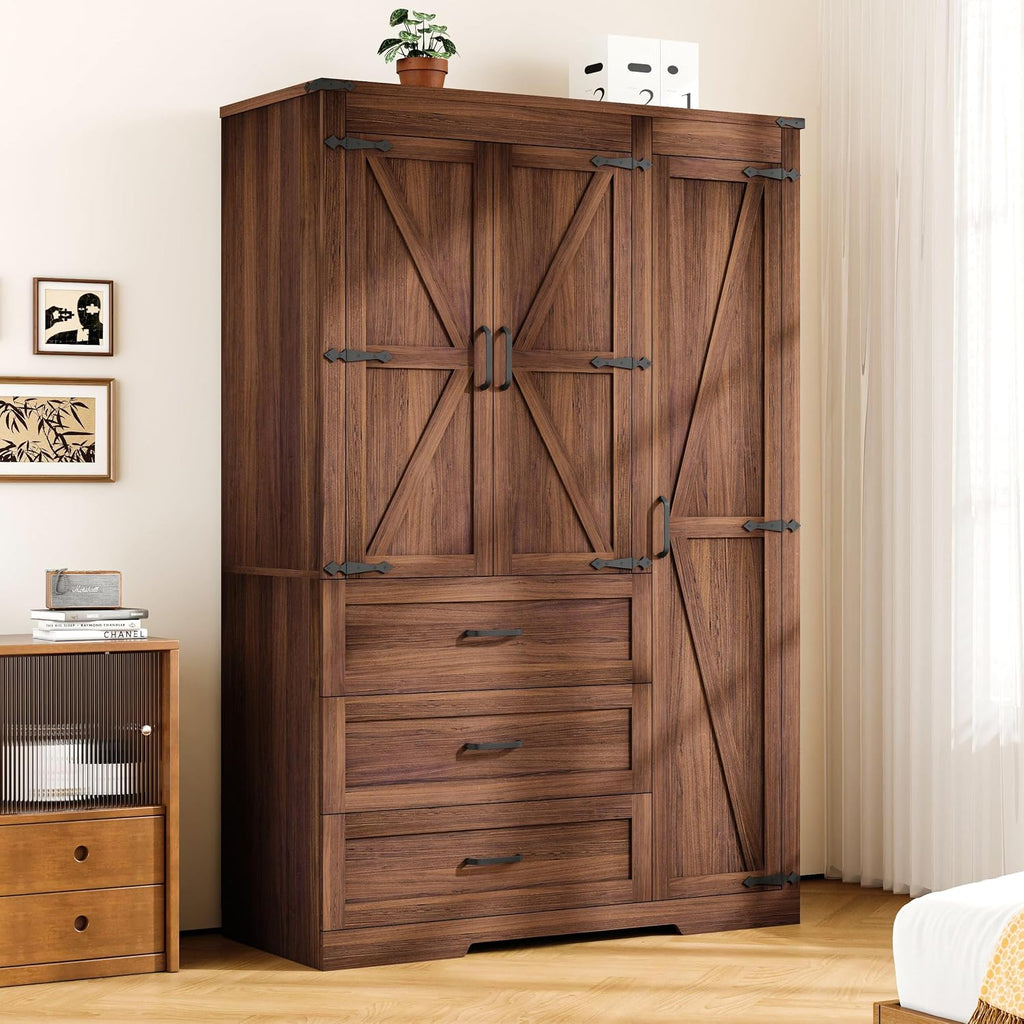 70" Tall Wardrobe Closet with 3 Doors & 3 Drawers, Farmhouse Armoire with Hanging Rod, Wooden Armoire Wardrobe Closet for Bedroom, Freestanding Clothing Storage Cabinet, Brown