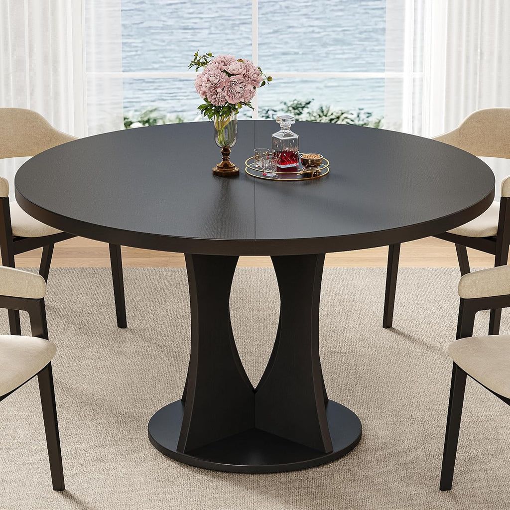 iPormis 47 Inch Round Dining Table for 4-6 People, Wooden Dining Room Table with Pedestal Base, Modern Kitchen Table for Small Spaces, Black, Table Only