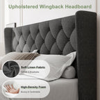 Feonase Queen Size Bed Frame with Diamond Tufted Wingback Headboard, Morden Upholstered Platform Bed, Sturdy Wooden Slats Support, Noise-Free, No Box Spring Needed, Easy Assembly, Dark Gray