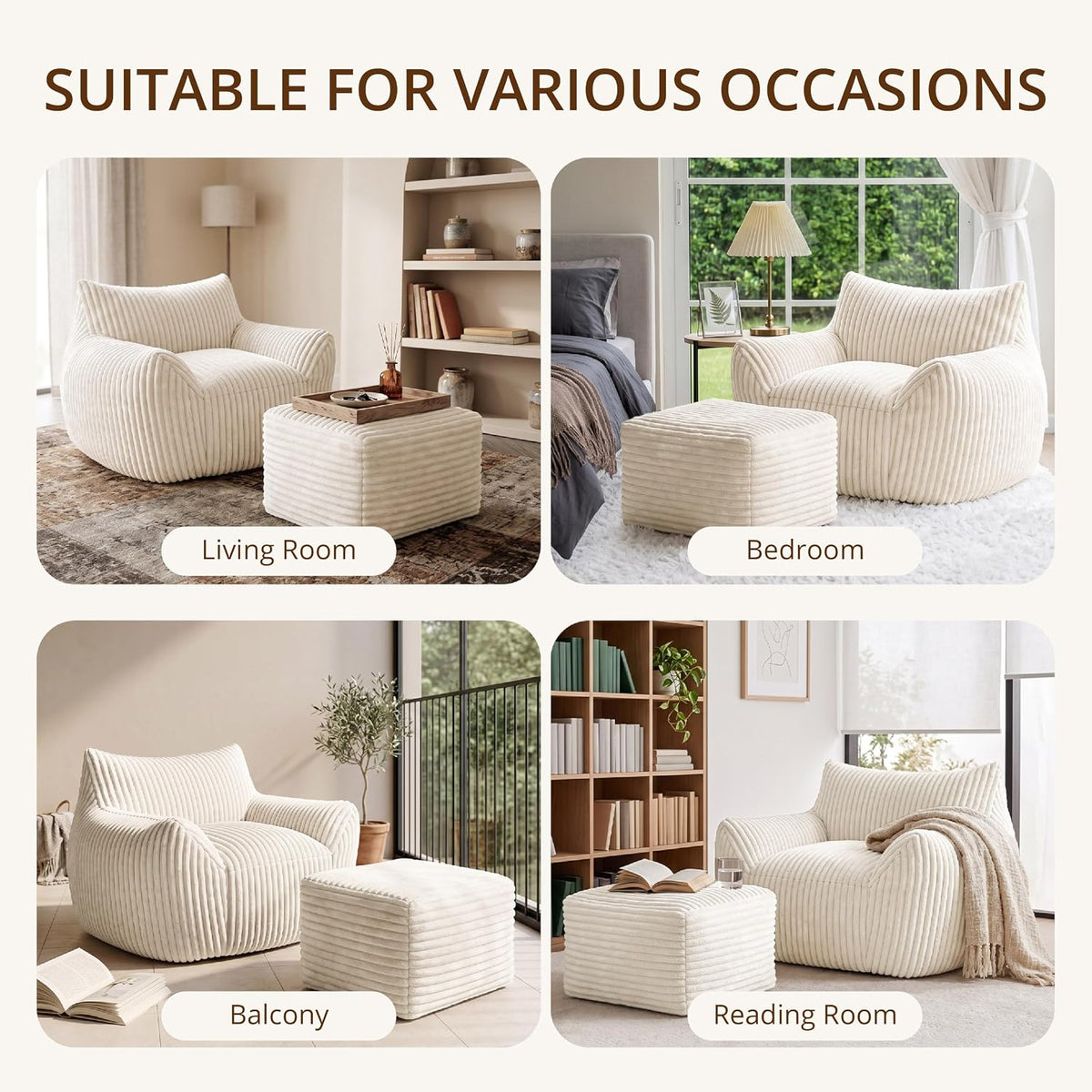 Giant Bean Bag Chair for Adults, Large Bean Bag with Ottoman | Cloud Comfy Bean Bag with Backrest & Armrests, Stuffed Beanbag Chair for Reading, Gaming, Napping, Beige