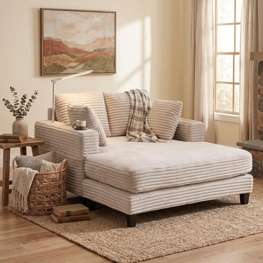 AEDI Oversized Chaise Lounge Chair with Reading Light & USB Charging,Sleeper Sofa with Cup Holder, Solid Wood Frame,for Living Room,Bedroom(Corduroy Beige)