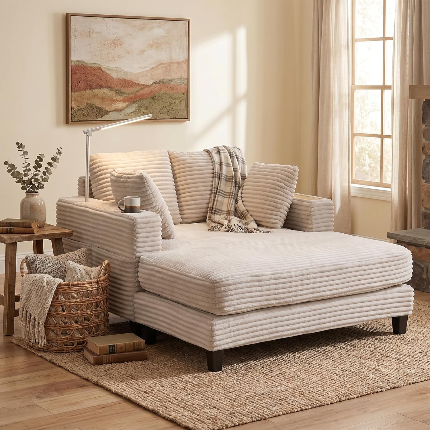 AEDI Oversized Chaise Lounge Chair with Reading Light & USB Charging,Sleeper Sofa with Cup Holder, Solid Wood Frame,for Living Room,Bedroom(Corduroy Beige)