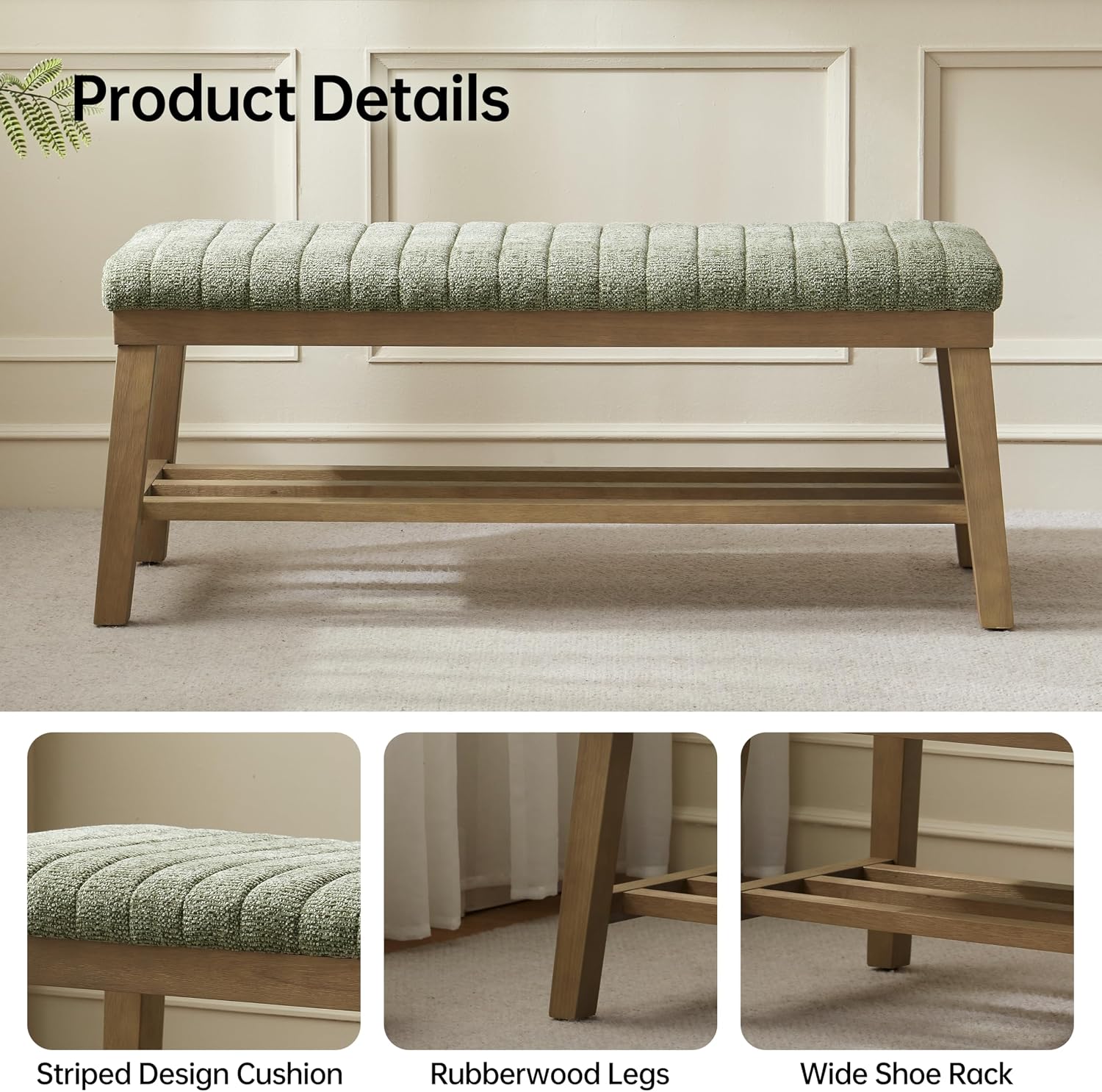 VKNOW Entryway Bench, Storage Shoe Bench with Rubberwood Legs, Green | Shoe Rack Bench with Cushion, Soft Chenille Fabric, Stripe Design, Bench With Shoe Storage for Hallway, Bedroom