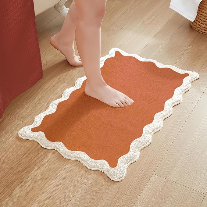 MONDAY MOOSE Bath Mat with Scalloped Wavy Ripple Design, Microfiber Absorbent Non Slip Tufted Rug for Floor, Shower or Kitchen (20x32 inch, Terracotta)