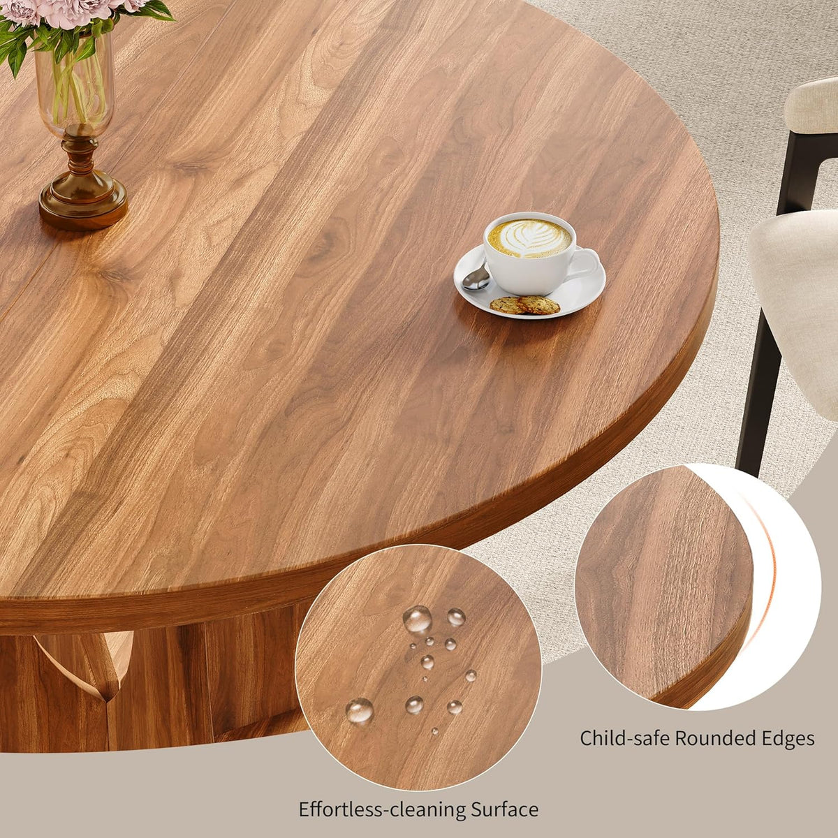 iPormis 43.3-59 Inch Extendable Round Dining Table for 6-8 People, Oval Dinner Table with Adjustable Top and A Stable Round Pedestal Base, Space Saving Wooden Kitchen and Dining Table, Walnut