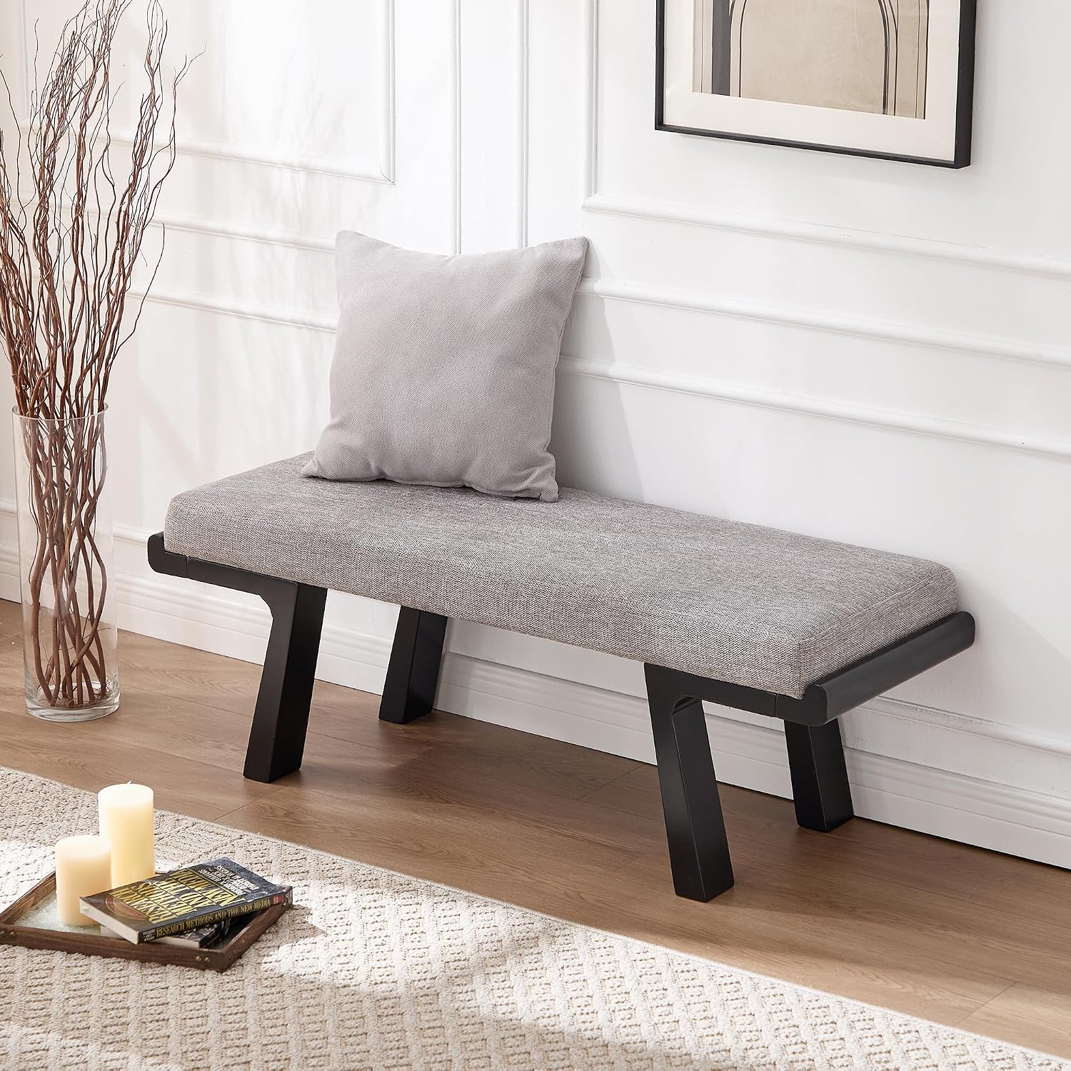 Zesthouse Solid Wood Bench for Bedroom End of Bed, Upholstered Small Entryway Bench with Cushion, 47" Grey Linen Ottoman Bench with Black Wood Legs, Modern Dining Bench Seat, for Indoor Living Room