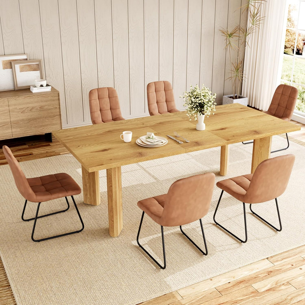 HIPIHOM Extendable Dining Table Set for 6, Seats 6-8 | MDF Farmhouse Extends 63-78.7in, Space-saving for Living Room & Nook, Oak Table + 6 Brown Upholstered Chairs