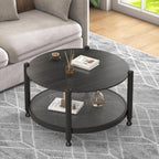 Farmhouse Round Nesting Coffee Table Set of 2, Solid Wood Round Coffee Table and End Table Set with Woven Rattan Storage Shelf, Black