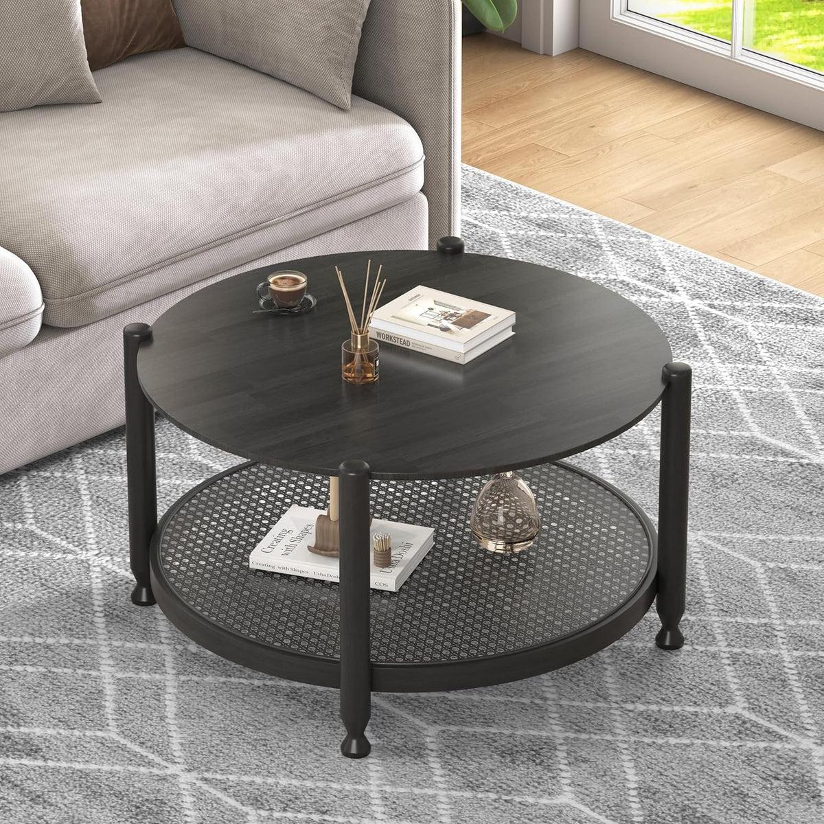 Farmhouse Round Nesting Coffee Table Set of 2, Solid Wood Round Coffee Table and End Table Set with Woven Rattan Storage Shelf, Black