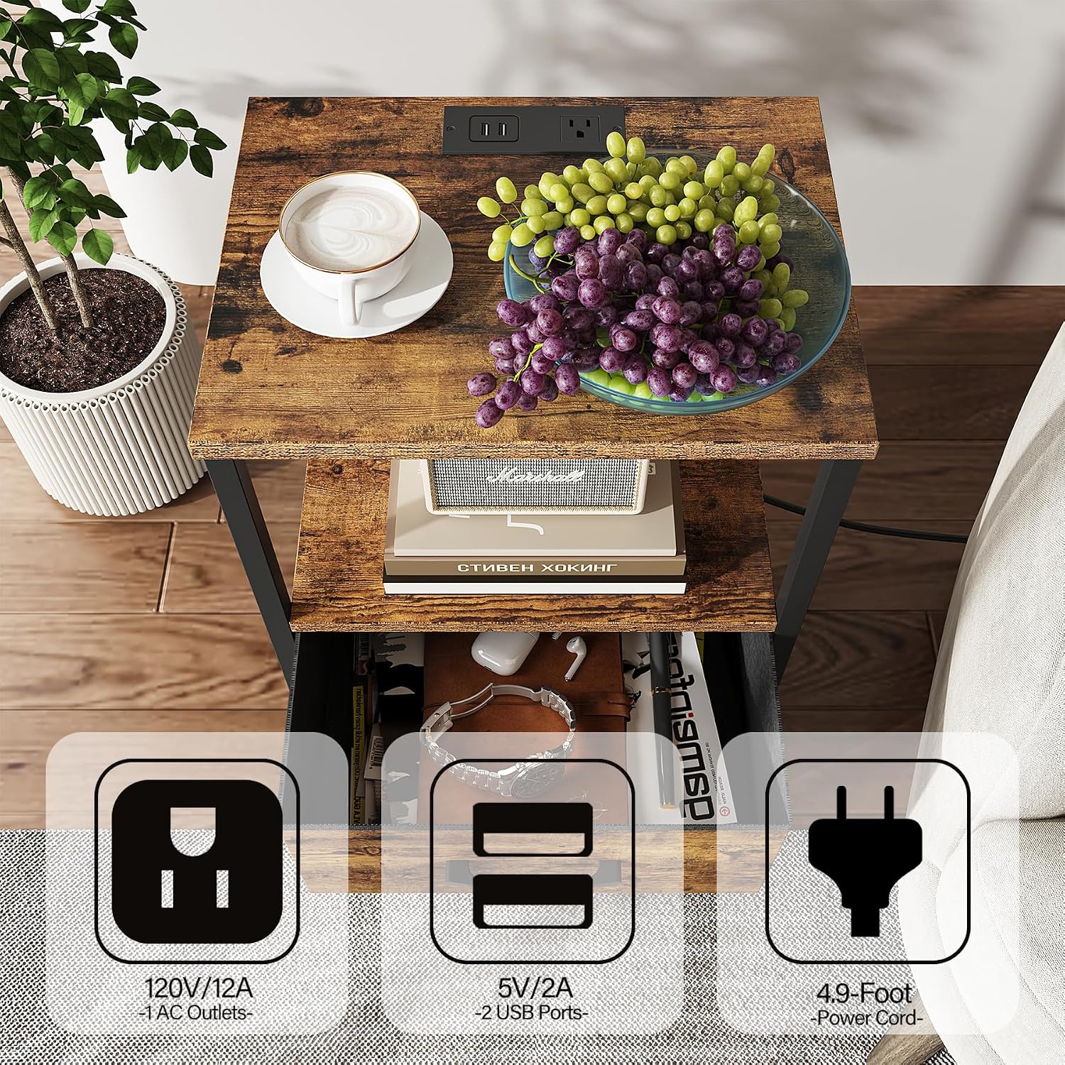 TUTOTAK End Table with Charging Station, Night Stand | Side Table with 2 USB Ports and Outlets, Nightstand with Cloth Drawer, Bedside Table for Livingroom, Bedroom Brown TB01BB088