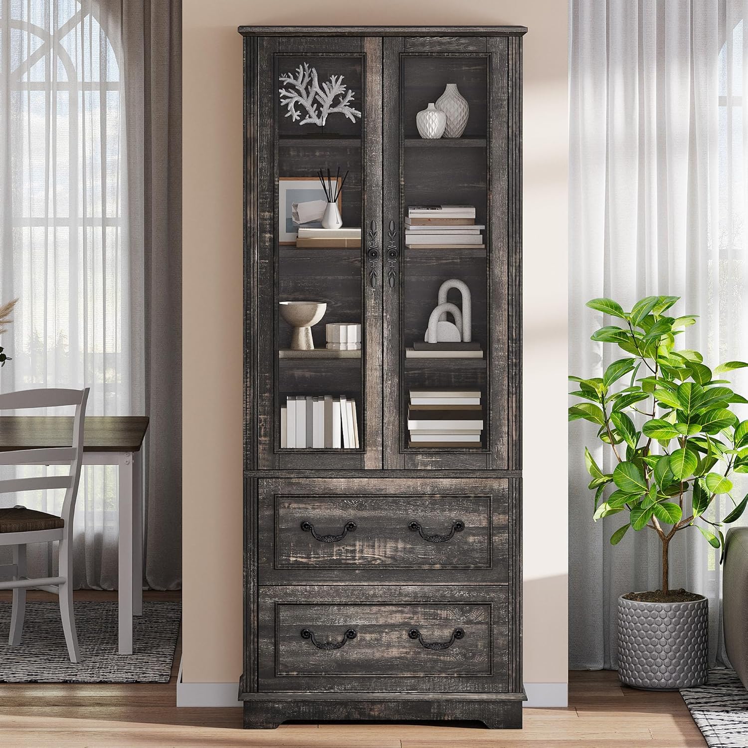 YITAHOME 76'' Kitchen Pantry Cabinet with 2 Drawers, Tall Storage Cabinet with Glass Doors & Adjustable Shelves, Freestanding Display Curio Cabinet for Collectibles, Living Room, Dark Rustic Oak