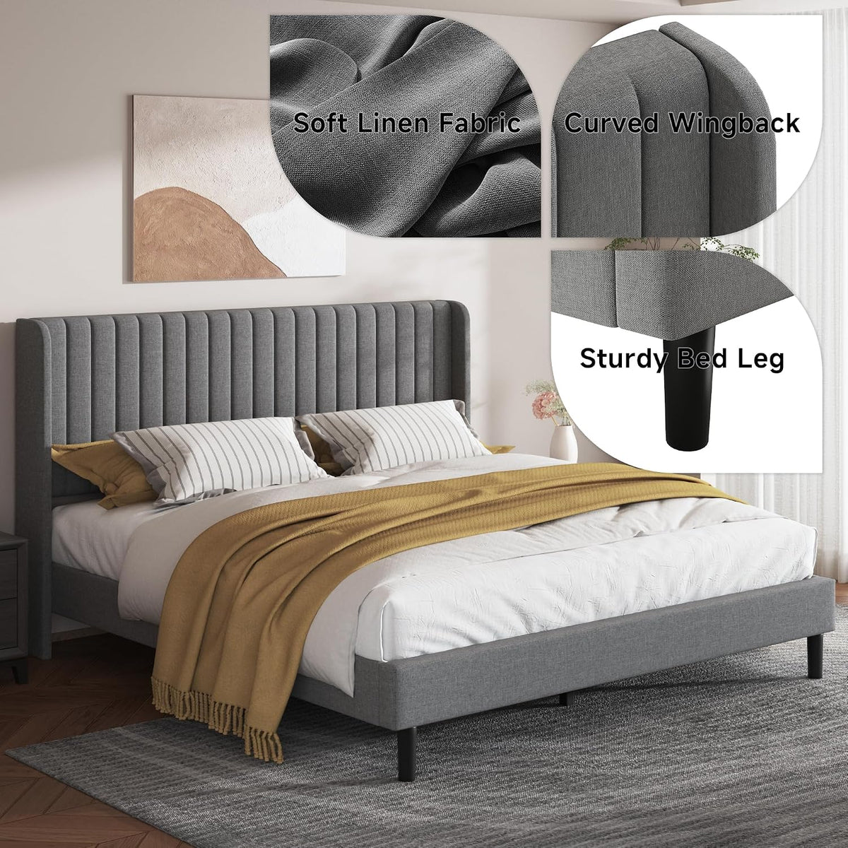 Queen Bed Frame with Vertical Channel Tufted Headboard & Wingback