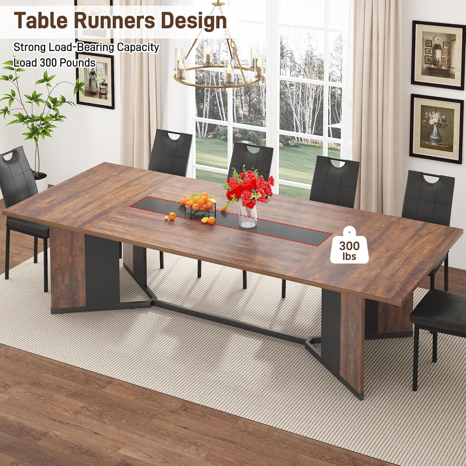 chartustriable Dining Table for 8-10 People,94" Large Modern Kitchen Table W/Built-in Table Runner Design,Brown&Black Industrial Rectangular Dinner Table,Waterproof Wood Table Sturdy Base,280lbs Load