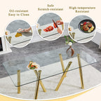71" Glass Gold Dining Table for 6-8, Modern Dining Room Table with 0.39" Tempered Glass Top and 6 Metal Round Tube Legs, Rectangle Kitchen Dinner Table for Dining Room