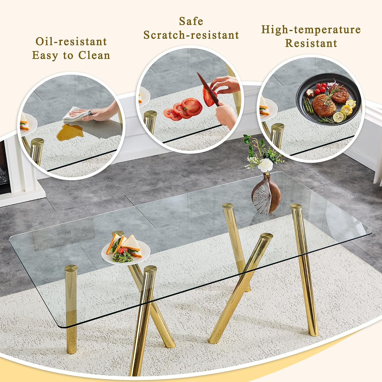 71" Glass Gold Dining Table for 6-8, Modern Dining Room Table with 0.39" Tempered Glass Top and 6 Metal Round Tube Legs, Rectangle Kitchen Dinner Table for Dining Room