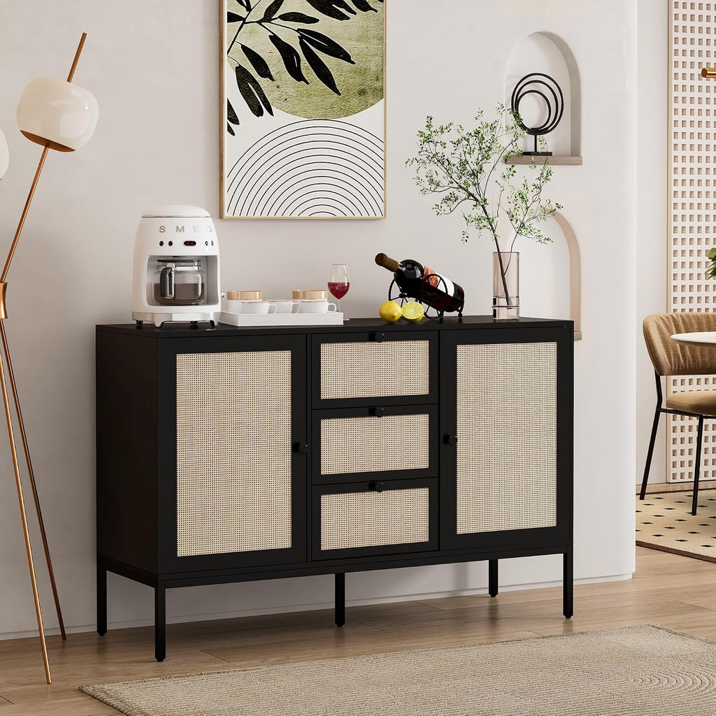 Rattan Sideboard Buffet Cabinet with 2 Doors & 3 Drawers, Mid Century Modern Credenza with Adjustable Shelves, Boho Storage Cabinet for Living Room, Hallway & Kitchen (Black, 47 inch)