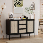 Rattan Sideboard Buffet Cabinet with 2 Doors & 3 Drawers, Mid Century Modern Credenza with Adjustable Shelves, Boho Storage Cabinet for Living Room, Hallway & Kitchen (Black, 47 inch)