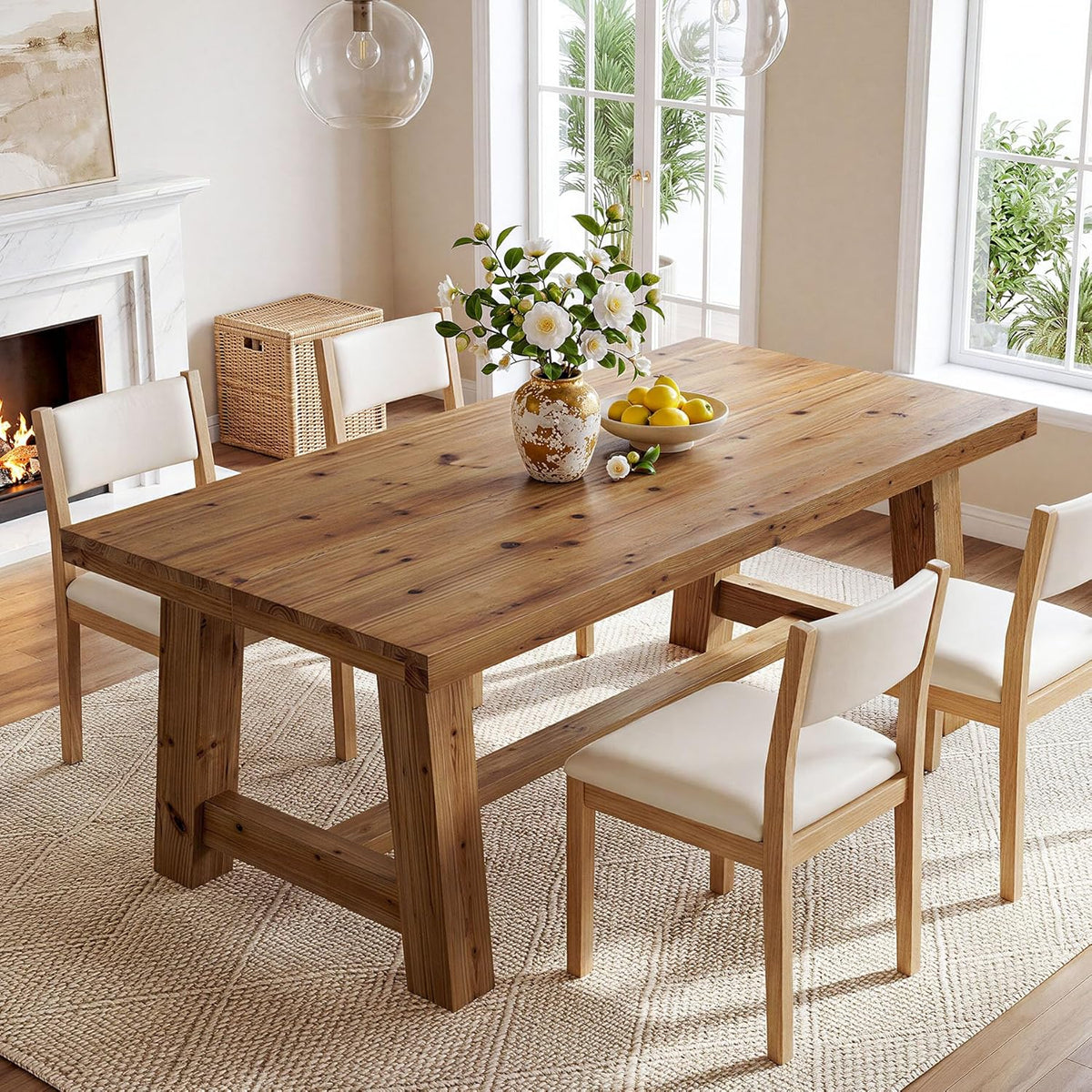 63-Inch Solid Wood Dining Table, Farmhouse Kitchen Table for 4-6 People, Rectangular Wooden Dinner Table with Thick Top & Trestle Base, Natural Wood