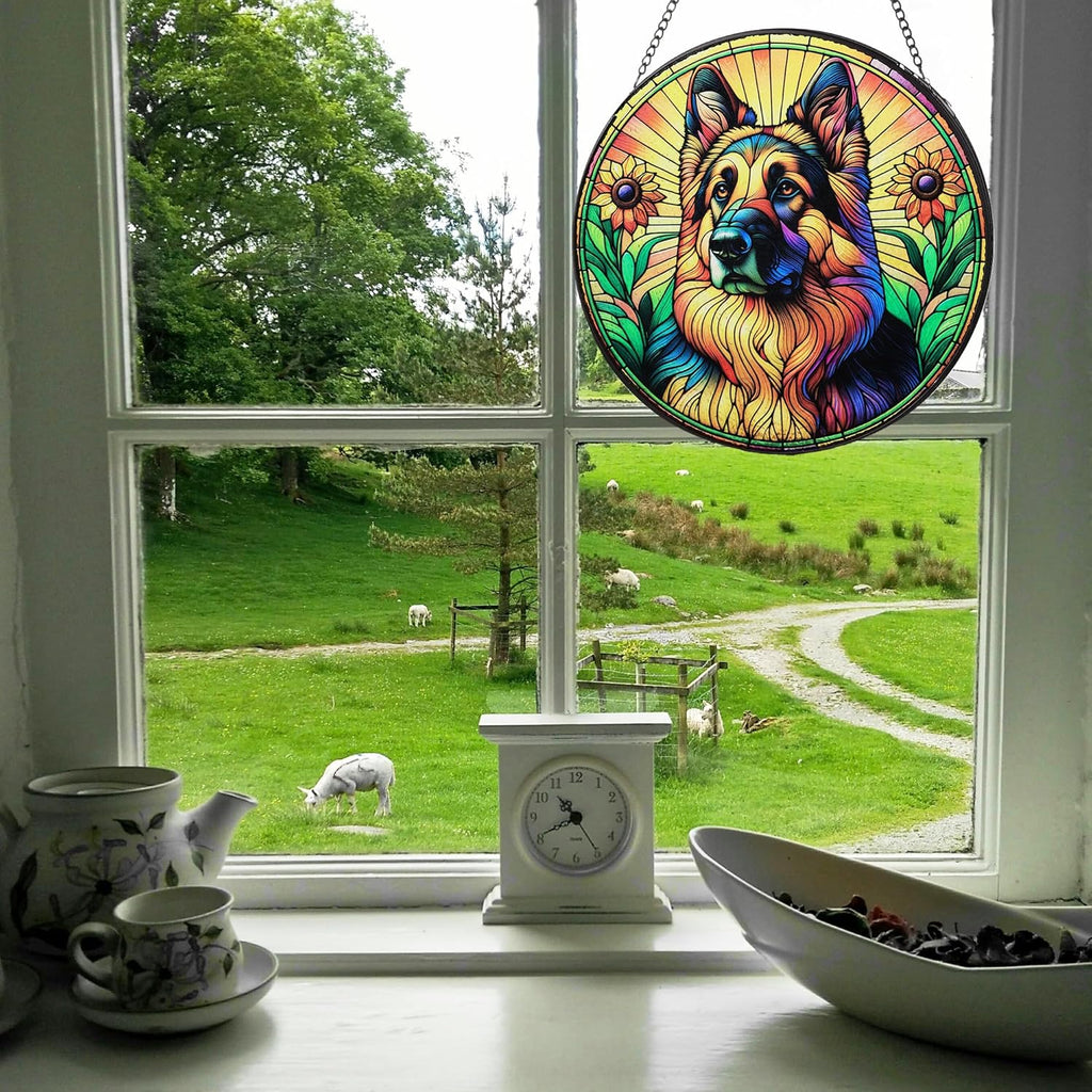 Stained Glass Dog Memorial Suncatcher,German Shepherd Window Hanging,Sympathy Gifts for Pet Loss,7.9 inch/20 cm Home and Garden Decor for Dog Lovers (German Shepherd)