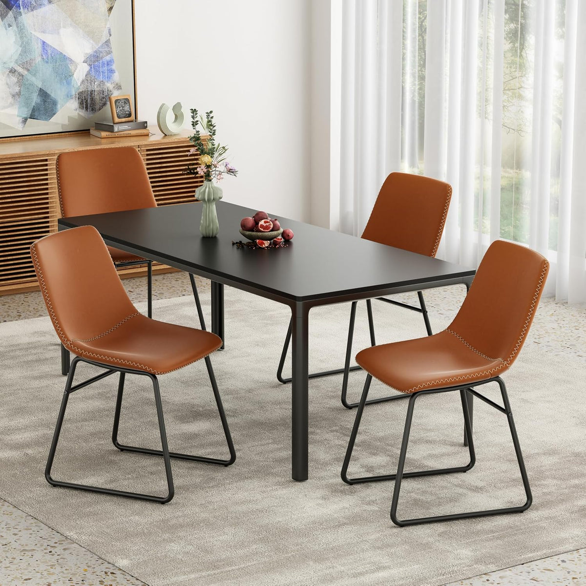 Soohow Mid-Century Modern Dining Chairs Set of 4, Faux Leather Upholstered Kitchen Chairs with Metal Legs, Comfortable Dining Room Chairs for Home