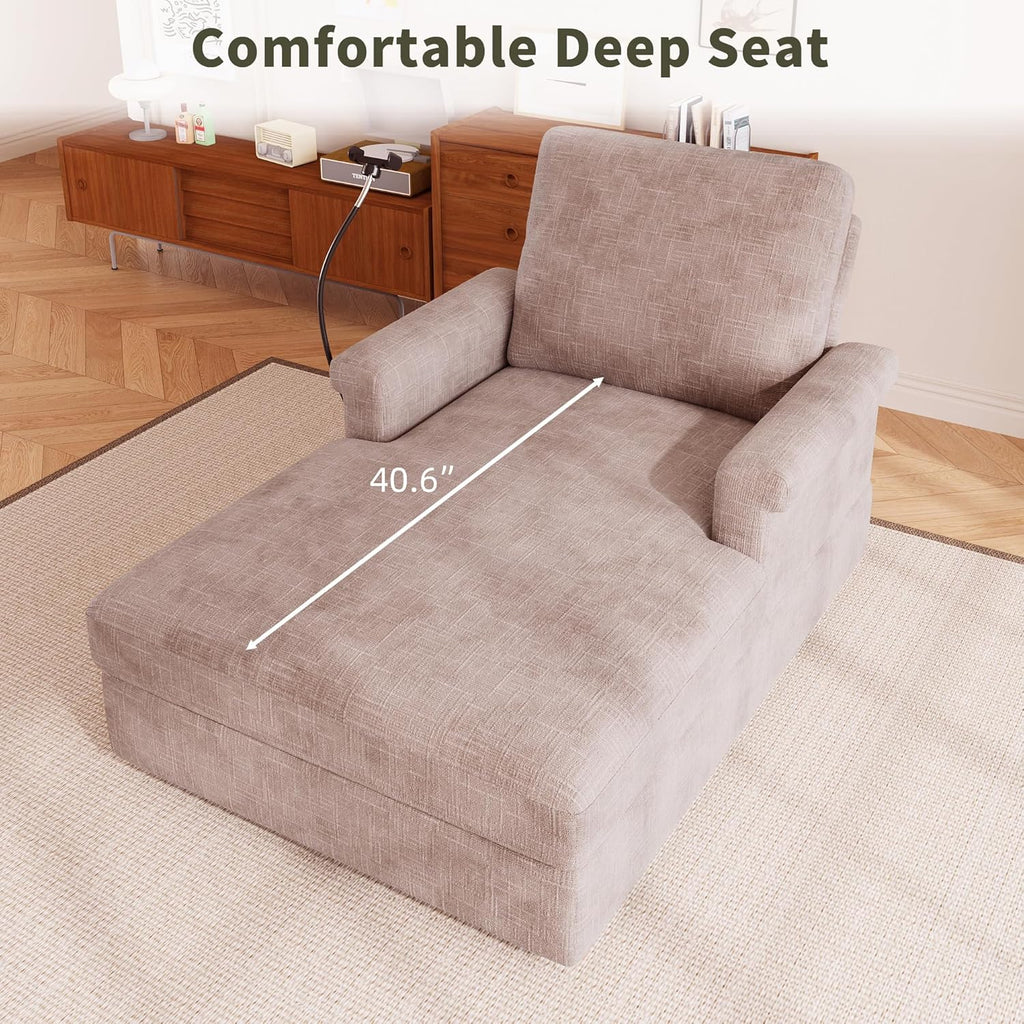 EJUNQ 66.5" Oversized Chaise Lounge Chair Indoor，Cozy Sofa Bed with Phone Holder and USB Charger，Upholstered Deep Seat Sleeper Sofa Bed，Comfy Single Sofa Armchair for Living Room -Brown