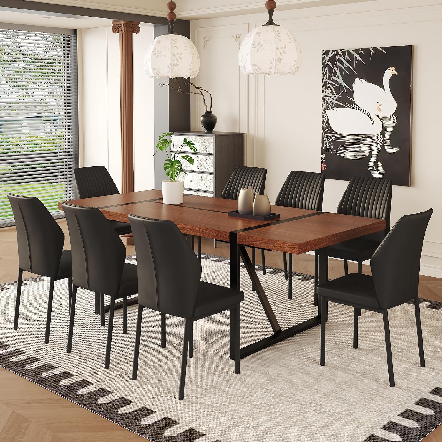 9 Piece Dining Table Set, 86.6'' Dining Table Set for 8,Wooden Table with Chairs Set, Ideal for Home, Kitchen Room & Conference Area