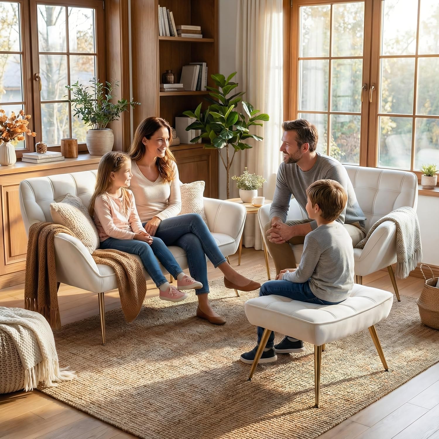48”Small Loveseat Sofa, Modern Velvet Upholstered Mini Couch 2-Seater Fluffy Love Seat with Quilting Backs and Metal Legs for Small Space Living Room, Bedroom, Beige