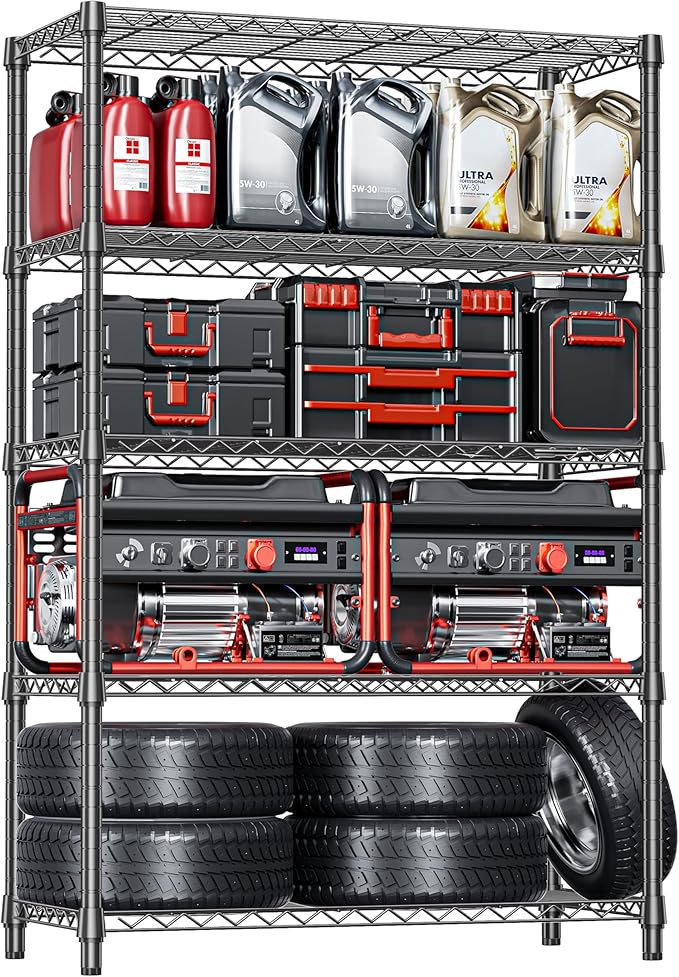 IZEUK 5-Tier Heavy Duty Metal Storage Shelving Unit (Black, 17.7" D x 47.2" W x 72.3" H, 1750 lbs Capacity), Adjustable Steel Wire Rack Shelf Organizer for Garage, Kitchen, Basement, Laundry, Office