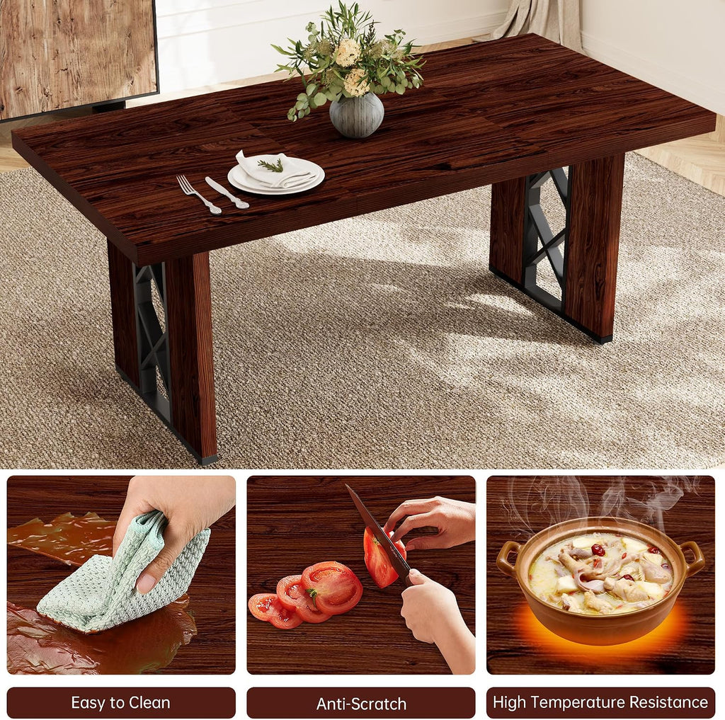 HIPIHOM 3-Piece Dining Table Set for 6 People, Walnut Table with 2 Benches | Thick MDF Tabletop, Rectangle Kitchen Table Set with Metal Legs for Breakfast Nook, Dining Room, Kitchen, Apartment