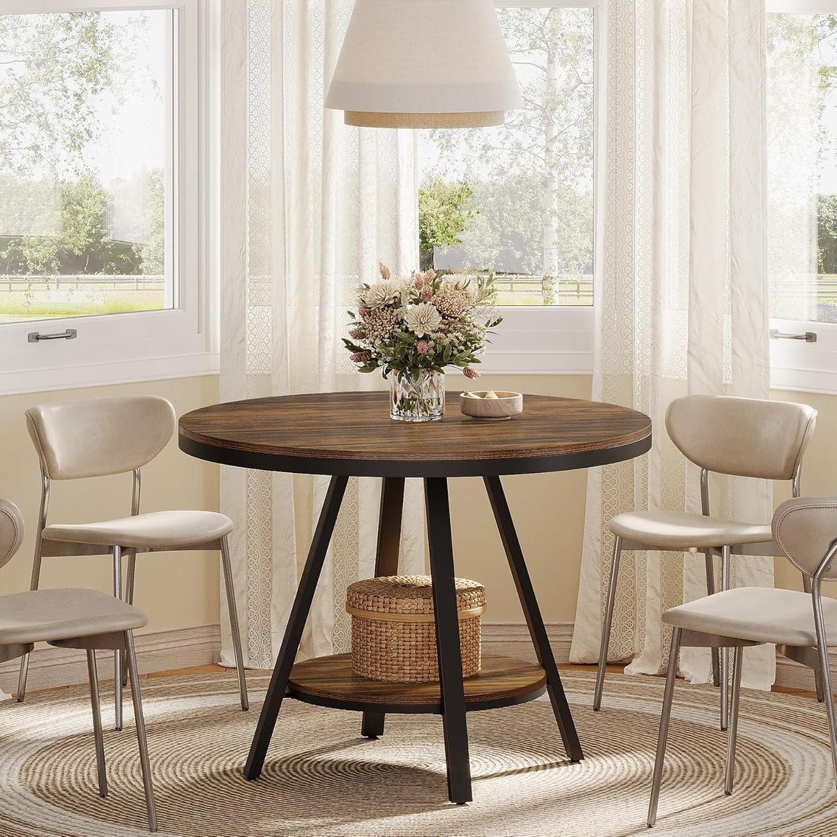 Tribesigns 2-Tier Industrial Round Dining Table, Small Kitchen Dinner Table for 2-4 People, 35-Inch Circle Wood Kitchen & Dining Room Furniture with Sturdy Metal Leg, Rustic Brown