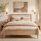 Merax Queen Size Solid Wood Platform Bed Frame, Upholstered Headboard & Classic Spindle & with Fabric Panel, No Box Spring Needed, 500 lbs Capacity Timeless Traditional for Bedroom, Natural