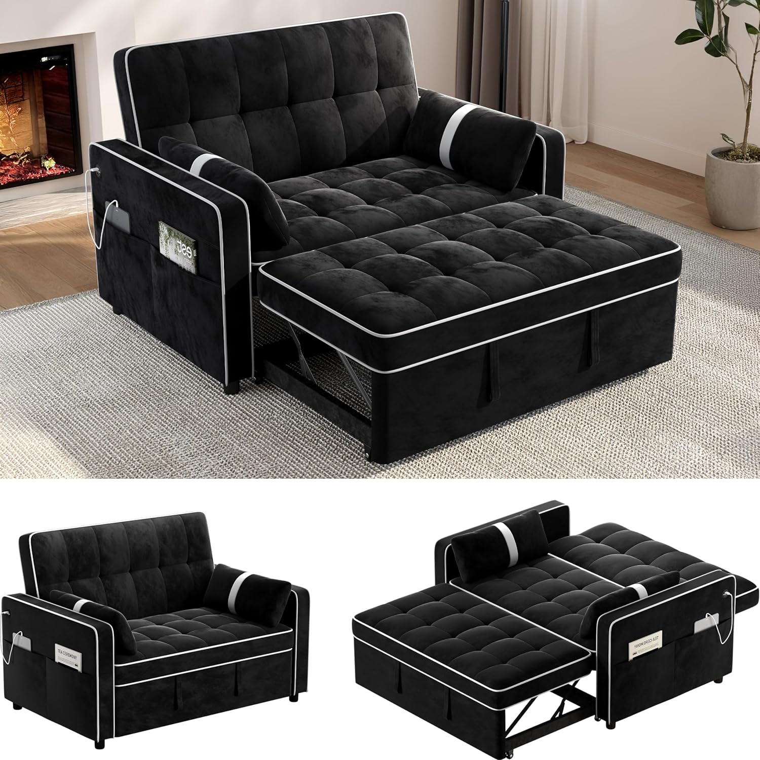 Yaheetech 3 in 1 Sofa Bed Convertible Velvet Sofa Pull Out Couch Folding Loveseat Sleeper with Adjustable Backrest, Armrest Pillows, USB Ports, Side Pockets for Living Room Bedroom Apartment, Black