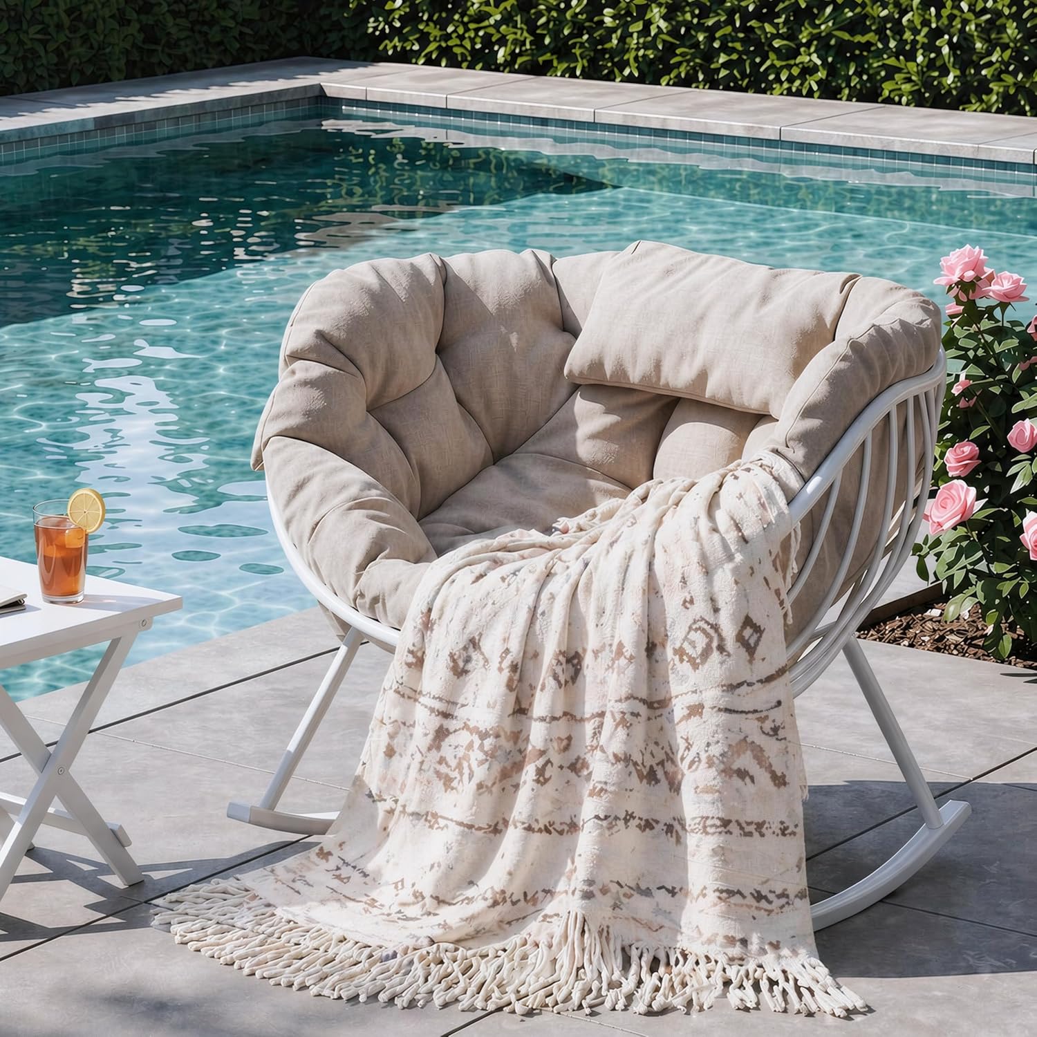 Oversized Outdoor Rocking Chair, Patio Papasan Egg Chair, Rocker Reading Lounge with Thick Cushion, Comfy Indoor Rocker Chair for Bedroom, Living Room, Porch, Poolside