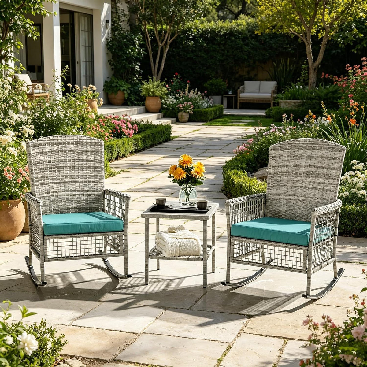 DECMICO Outdoor Rattan Wicker Rocking Chair, 3 Pieces Patio Conversation Furniture Bistro Sets with Side Table and Cushions for Porch Garden and Balcony